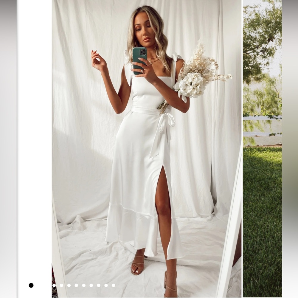 Show Me Your Mumu Garden Midi Dress Ivory Luxe Satin